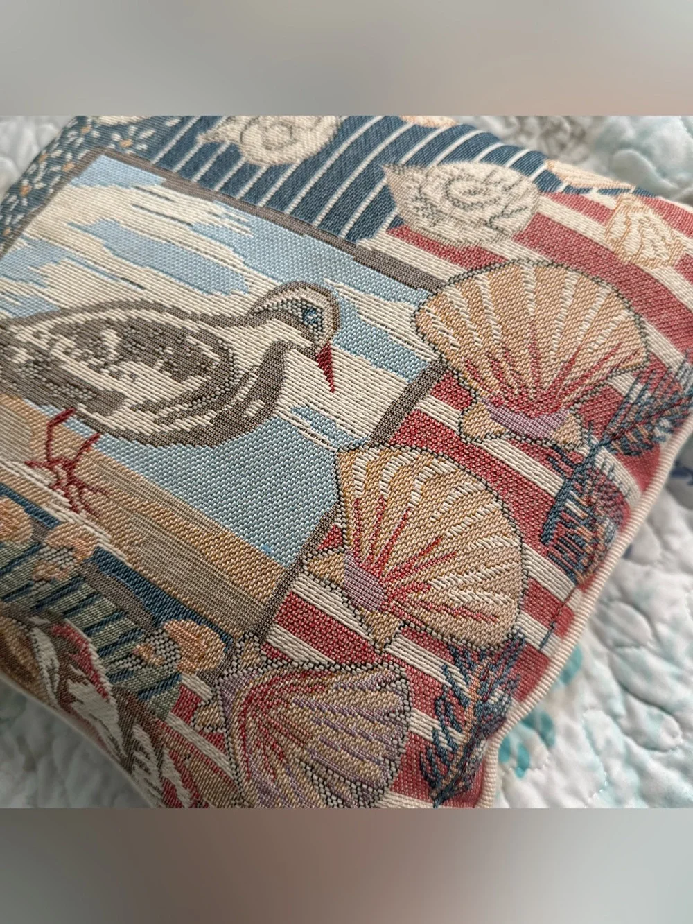 Vtg Americana Patriotic Beachside Coastal Bird Square Throw Tapestry Pillow 12”